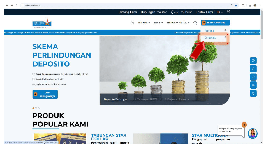 Figure 3 Internet Banking Business access through BOI Indonesia Official Website